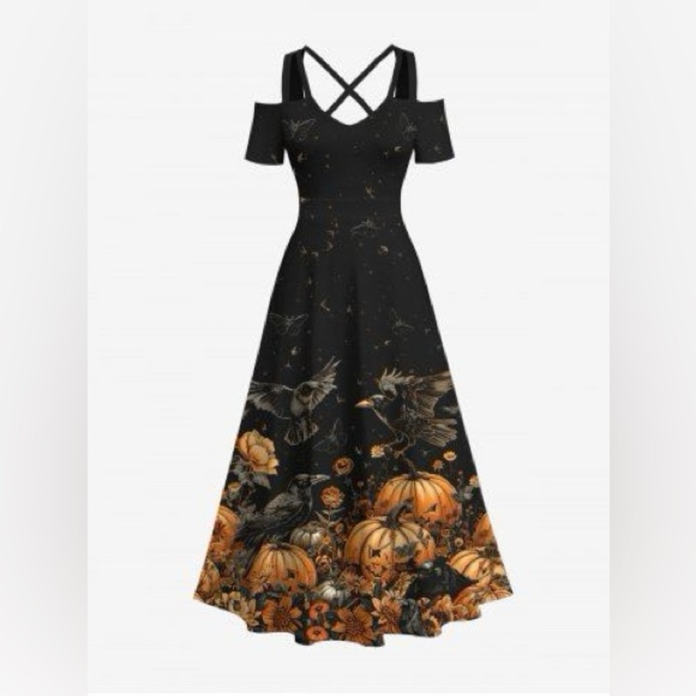 ROSEGAL Plus Size Halloween Dress Pumpkin Crow Raven Fall cold shoulder maxi NWT